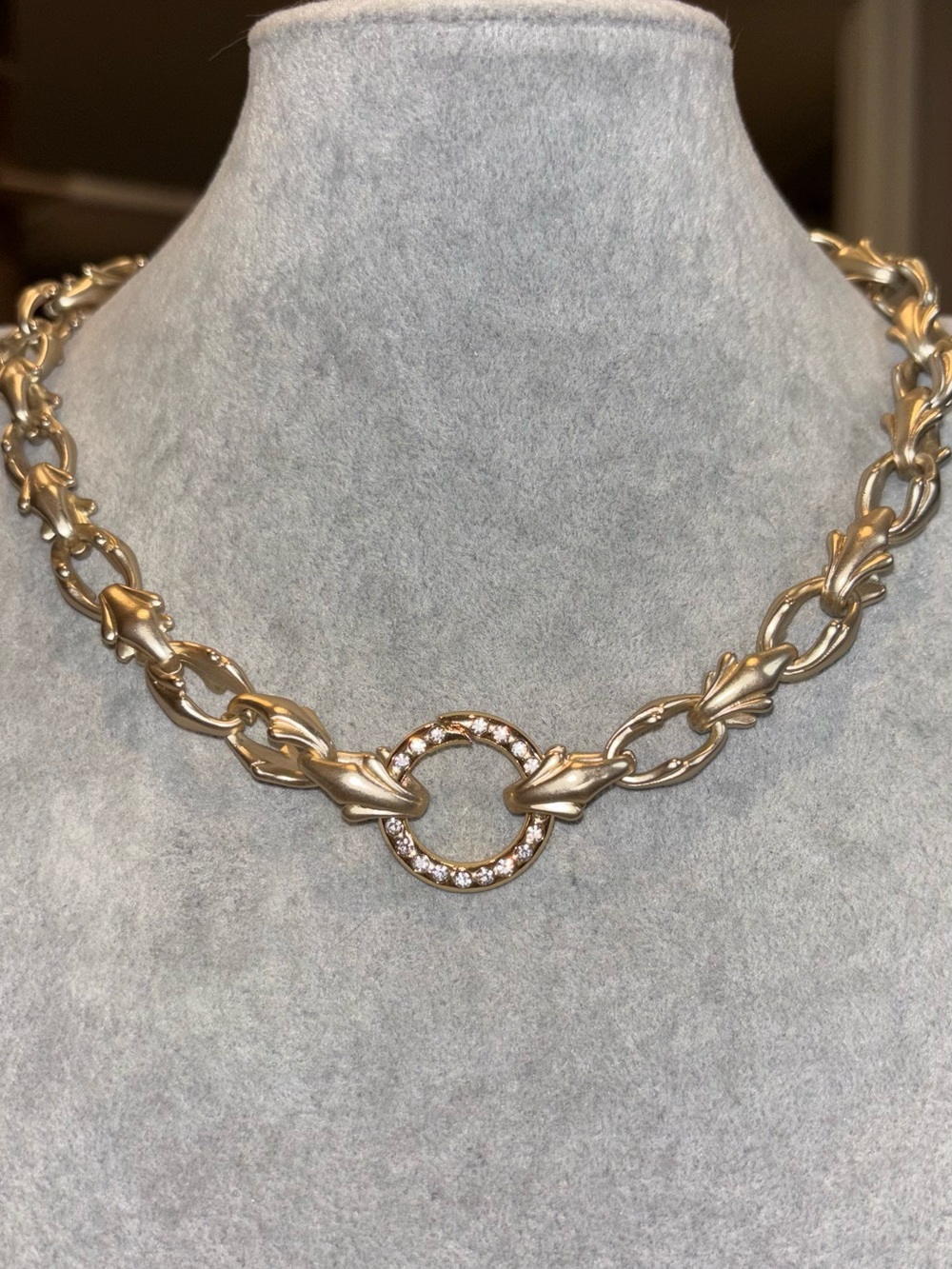 Gold tone Link Necklace with Pave Circle Pendant